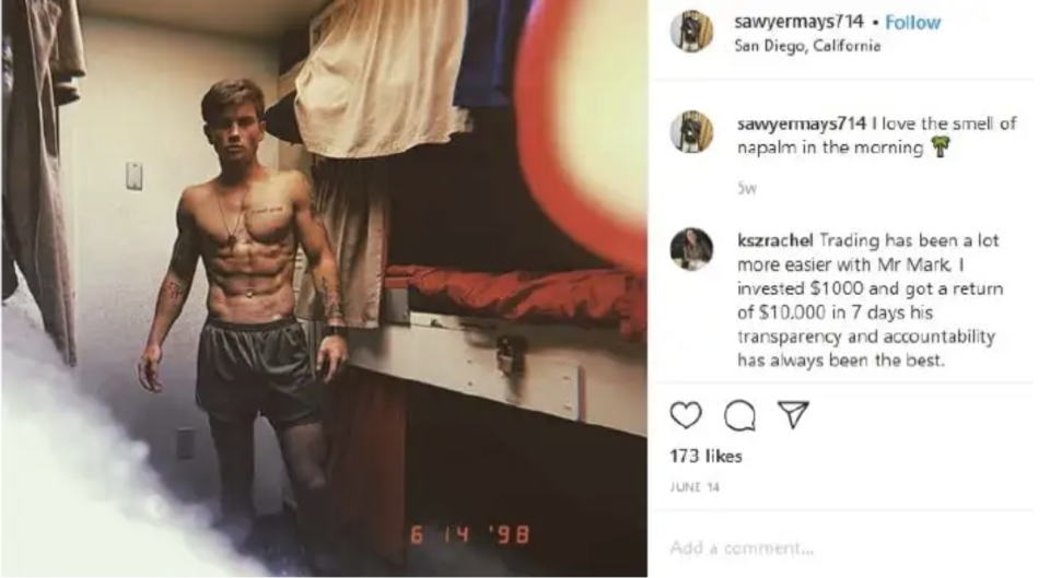 Investigators looked into Mays Instagram account, which is now private, and found a post with a caption that states: “I love the smell of napalm in the morning.” (NCIS / Instagram)