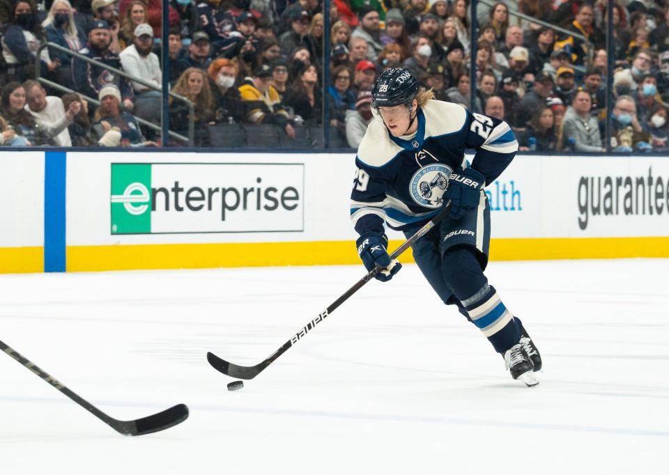 Columbus Blue Jackets left wing Patrik Laine (29) takes the puck down the ice during the first period of the an NHL game between the Columbus Blue Jackets and the Pittsburgh Penguins at Nationwide Arena in Columbus, Ohio, on Sunday, Feb. 27, 2022. 