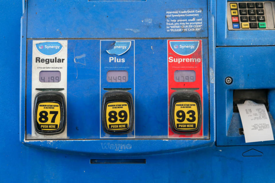 Prices for gasoline over $4 per gallon are displayed on the