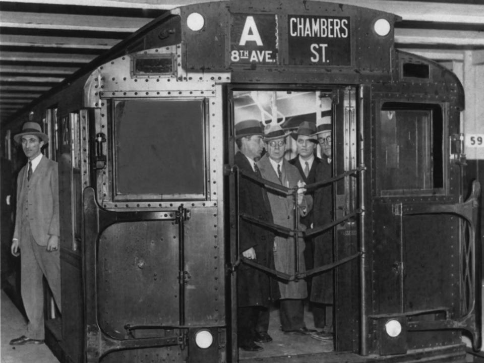 Left: A train from the front. Right: Man in hat using slide doors