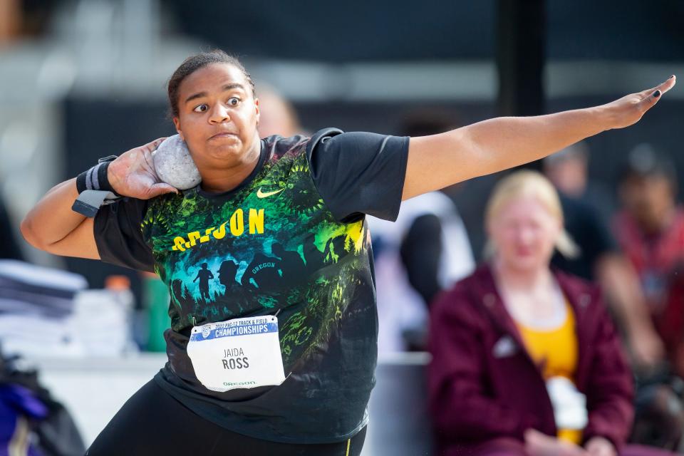 Oregon's Jaida Ross winds up during the women's shot put at the Pac-12 Track & Field Championships at Hayward Field Saturday, May 14, 2022.