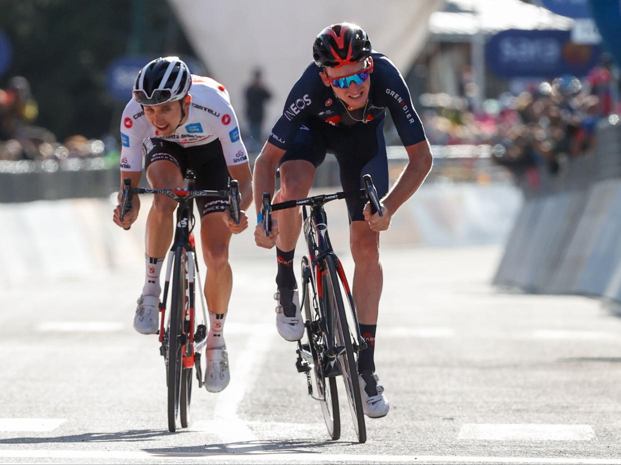 Tao Geoghegan Hart, right, sprints clear of Jai Hindley to win stage 20 (Getty)