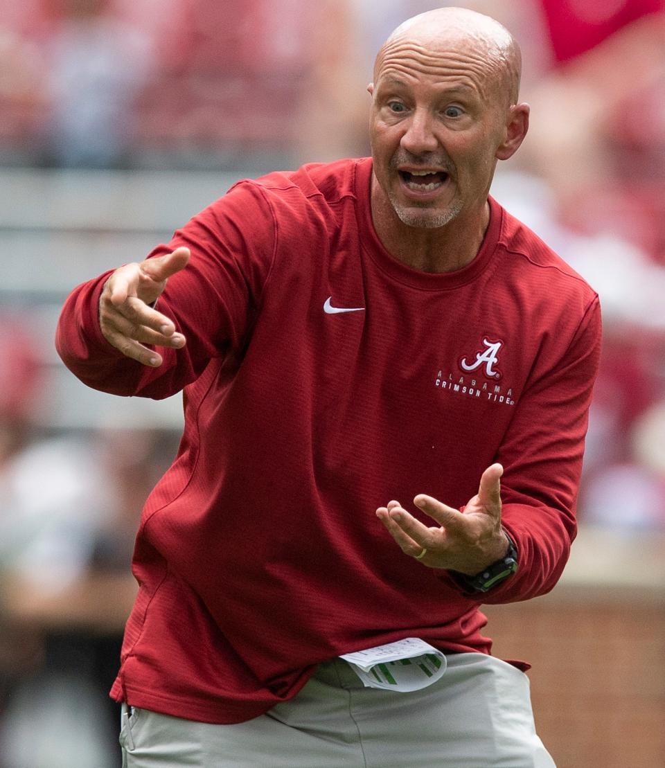 Alabama associate defensive coordinator / safety coach Charles Kelly during Alabama's fan day practice at Bryant-Denny Stadium on the UA campus in Tuscaloosa, Ala., on Saturday August 3, 2019. 