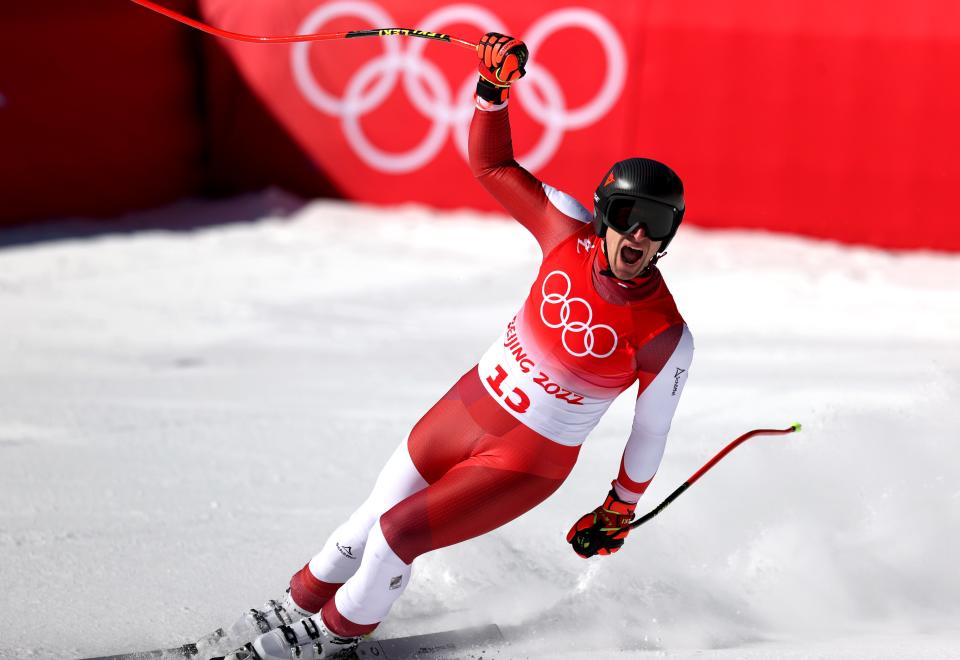 Matthias Mayer of Team Austria reacts following his run during the Men's Super-G (Getty Images)