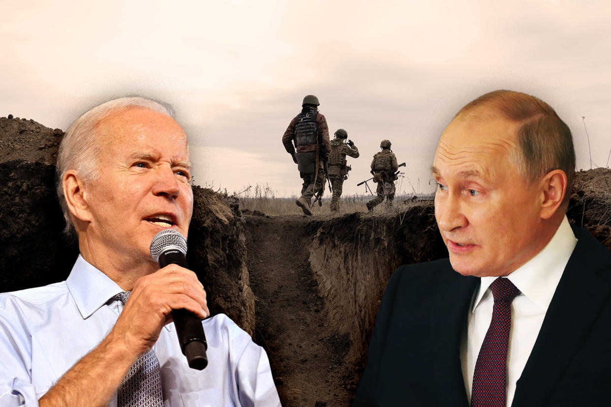 Joe Biden; Vladimir Putin; Ukrainian soldiers Photo illustration by Salon/Getty Images