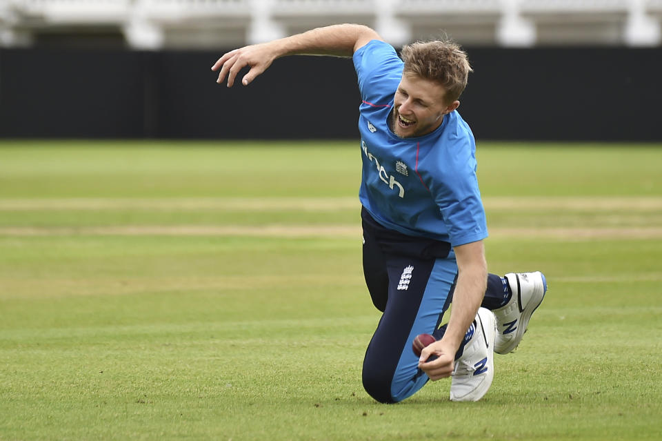 England captain Joe Root during net practice prior to the first Test Match between England and India at Trent Bridge cricket ground in Nottingham, England, Monday, Aug. 2, 2021. (AP Photo/Rui Vieira)