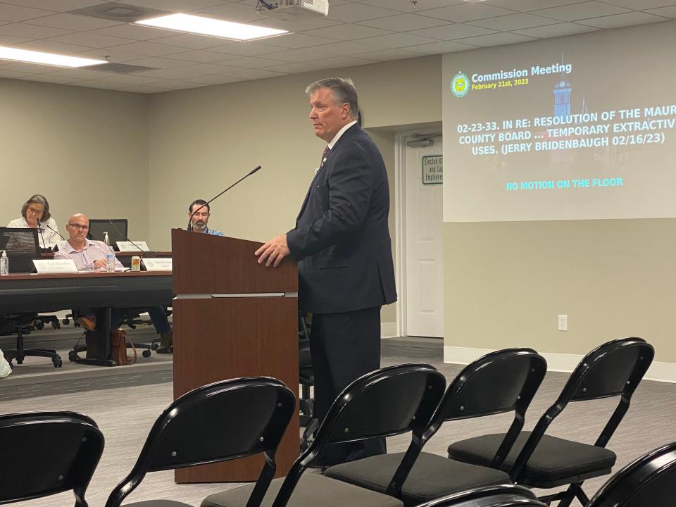 Rep. Scott Cepicky, R-Culleoka, stands before the Maury County Commission during a meeting Tuesday speaking about a bill that would add protections to the Duck River and guard against pollutants and future development near the river.