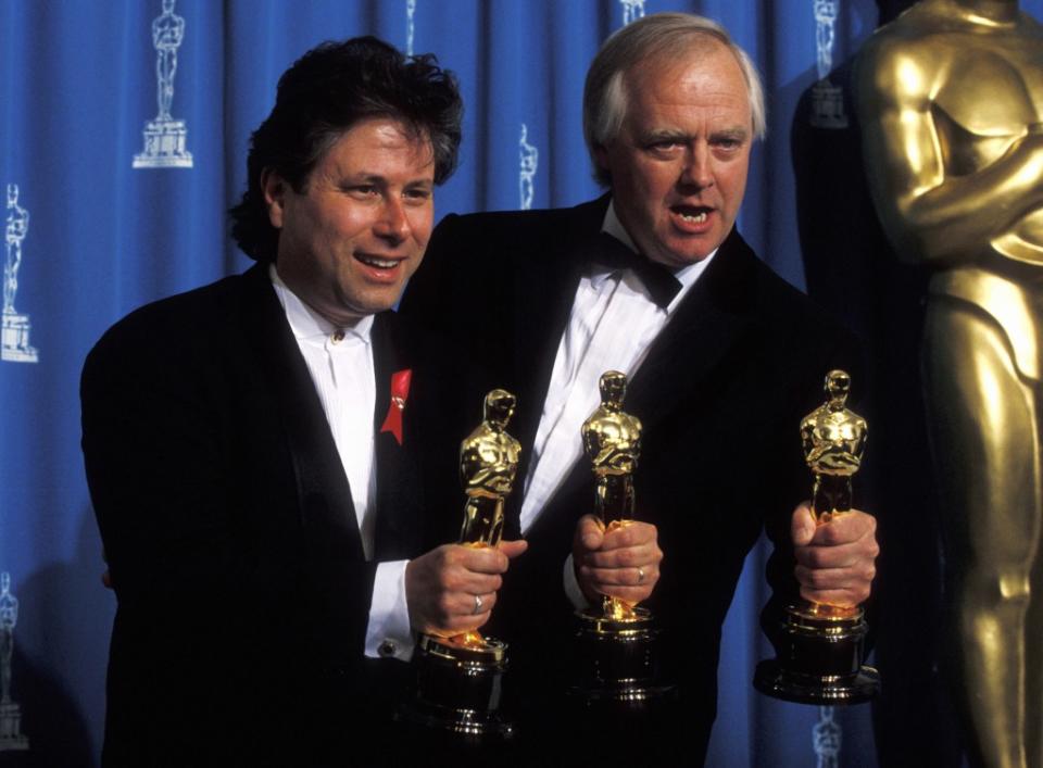 Composer Alan Menken (left) and lyricist Tim Rice followed up their “Beauty and the Beast” Oscar triumph with another victory for “A Whole New World” in 1993. Getty Images