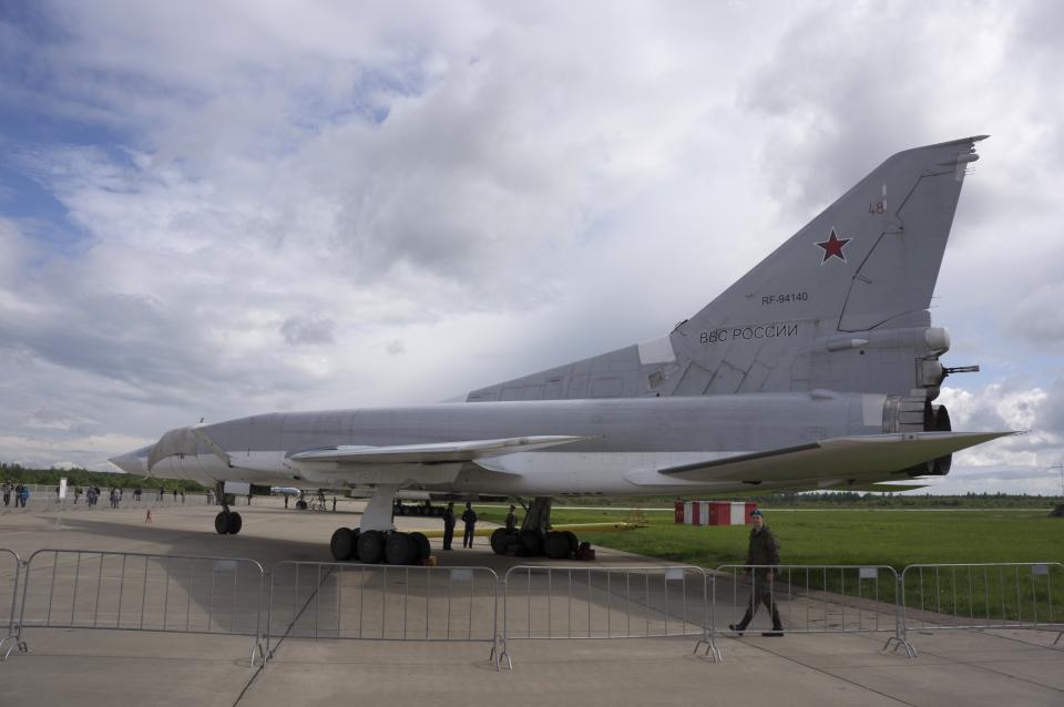 FILE - In this Saturday, May 21, 2016 file photo, a Russian Tu-22M3 bomber at the Kubinka air base outside Moscow, Russia. The Russian military said Tuesday May 25, 2021, it has deployed three nuclear-capable long-range Tu-22M3 bombers to its base in Syria, a move that would strengthen Moscow's military foothold in the Mediterranean. (AP Photo/Vladimir Isachenkov, File)