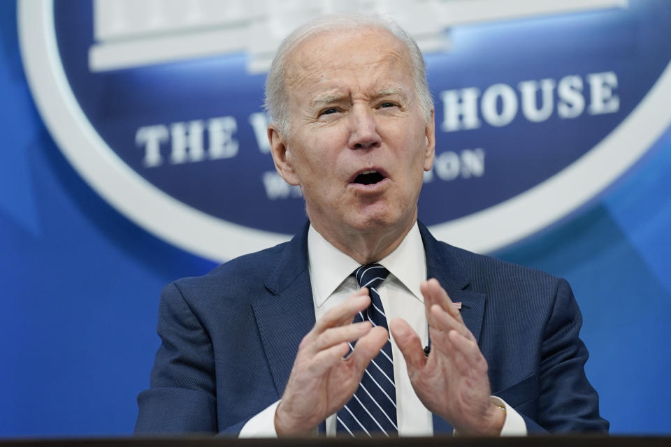 FILE - President Joe Biden speaks in the South Court Auditorium on the White House campus, March 18, 2022, in Washington. Biden quietly dispatched a team to NATO headquarters in Belgium just days before Russia invaded Ukraine on Feb. 24. What emerged from the meetings was an export ban and the groundwork to immobilize about half the foreign holdings of Russia's central bank. (AP Photo/Patrick Semansky, File)