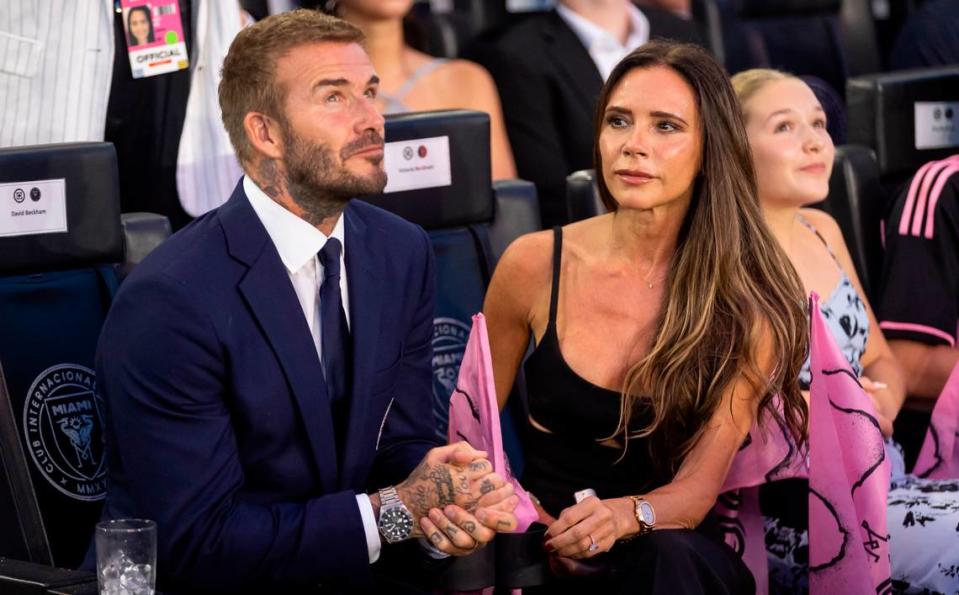 Inter Miami Co-owner David Beckham and his wife, Victoria Beckham, are seen before the start of a Leagues Cup group stage match against Cruz Azul at DRV PNK Stadium on Friday, July 21, 2023, in Fort Lauderdale, Fla.