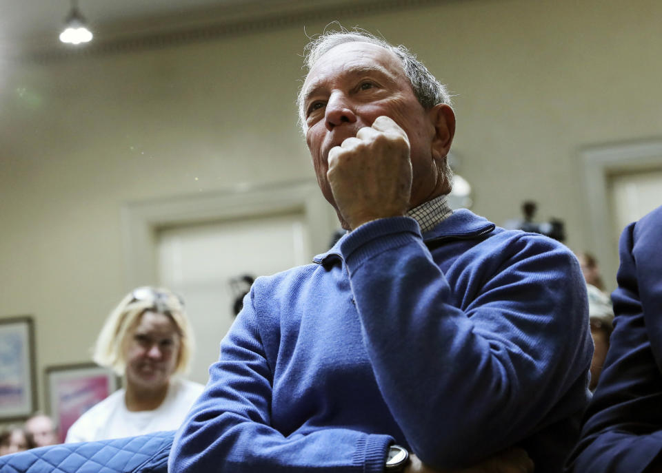 Former New York City Mayor Michael Bloomberg listens to his introduction at a Moms Demand Action gun safety rally at City Hall in Nashua, N.H. Saturday, Oct. 13, 2018. (AP Photo/ Cheryl Senter)