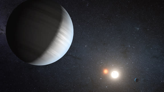 An artist's concept of planet system Kepler-47. As scientists learn more about the cosmos, estimations of the likelihood that life exists beyond Earth are changing.