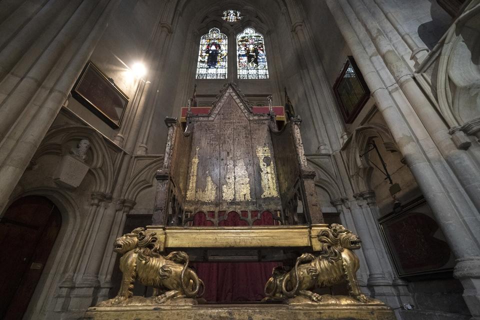 The Coronation chair at Westminster Abbey in London, which is being restored ahead of the upcoming coronation of King Charles III