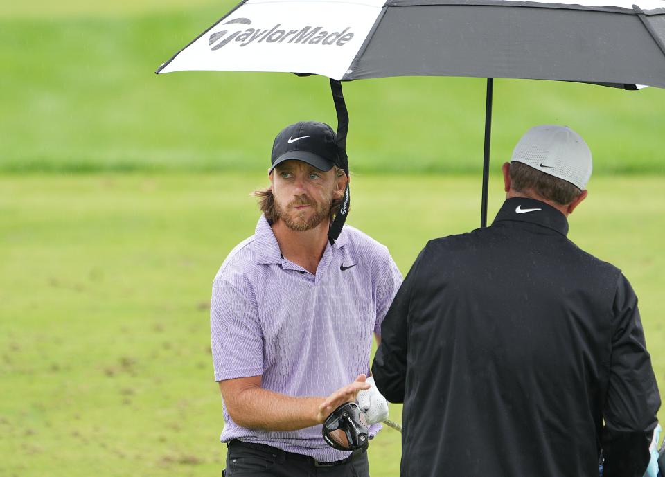 Tommy Fleetwood finishes up driving on the practice range of the PGA Championship at the Valhalla Golf Course on Tuesday in Louisville, Ky
May 14, 2024