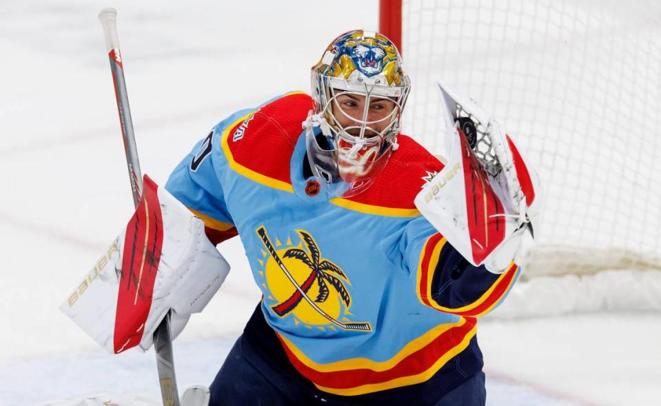 Florida Panthers goaltender Spencer Knight (30) makes a save during the first period of an NHL game against the Boston Bruins at FLA Live Arena on Wednesday, November 23, 2022 in Sunrise, Fl.