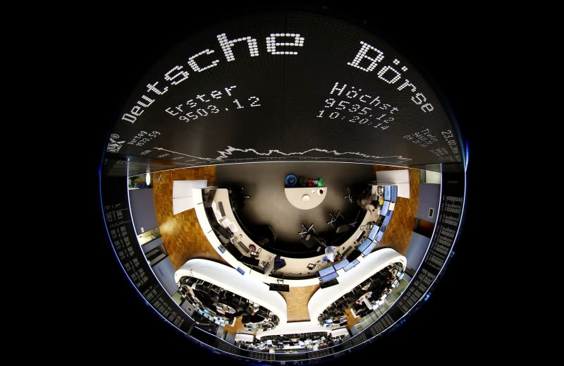 The German share prize index (DAX) board and the trading room of Frankfurt's stock exchange (Boerse Frankfurt) are photographed with a circular fisheye lens during afternoon trading session in Frankfurt, Germany, February 23, 2016. REUTERS/Kai Pfaffenbach