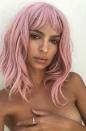 <p>Emily popped on a bubblegum pink wig and ditched the bra for this smouldering topless snap.</p>