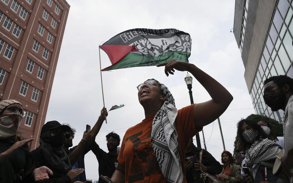 Pro-Palestinian supporters gather outside Harris County Jail after two people were arrested following a pro-Palestinian encampment on University of Houston campus on Wednesday, May 8, 2024, in Houston. (Elizabeth Conley/Houston Chronicle via AP)