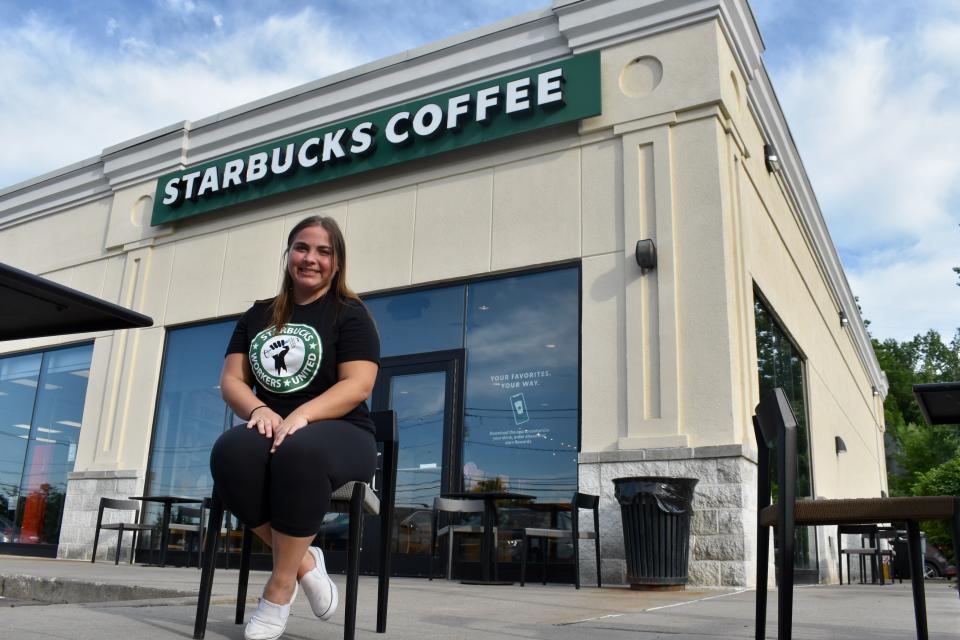 Alexandra Yeager, one of the union organizers at a Vestal Starbucks, sits outside the Parkway store Monday, June 13.