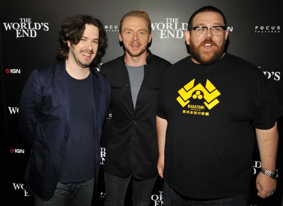 FILE - In this July 18, 2013 file photo, from left, director, Edgar Wright, actors, Simon Pegg, and Nick Frost attend the "The World's End" party on Day 2 of Comic-Con International in San Diego, Calif. It’s not the end of the world, but “The World’s End” marks a creative conclusion for Pegg, Frost and Wright. The threesome behind “Shaun of the Dead” and “Hot Fuzz” say “The World’s End,” in theaters Friday, Aug. 23, 2013, completes a trilogy. (Photo by Chris Pizzello/Invision/AP, file)