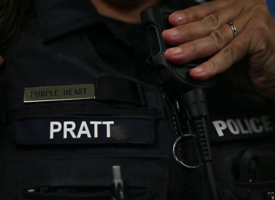 Officer Pratt was recognized with a Purple Heart after being wounded on-duty, pictured at the Salem Police Department on May 6, 2020.