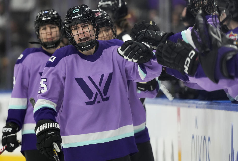 Team Kloss' Alex Carpenter (25) celebrates a goal while playing against Team King during the PWHL 3-on-3 Showcase at the NHL All-Star hockey week in Toronto on Thursday, Feb. 1, 2024. (Frank Gunn/The Canadian Press via AP)