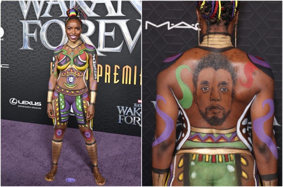 “Black Panther 2: Wakanda Forever” cast member Janeshia Adams-Ginyard pays tribute to the film and late star Chadwick Boseman at its Oct. 26, 2022 premiere at the El Capitan Theatre in Hollywood, California. (Photos: Axelle/Bauer-Griffin/FilmMagic and Amy Sussman/WireImage)