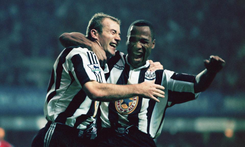 Alan Shearer and Les Ferdinand celebrate during Newcastle’s 5-0 win against Manchester United in October 1996.