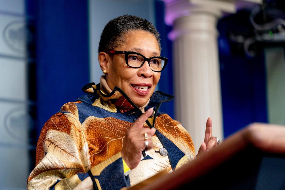 Housing and Urban Development Secretary Marcia Fudge speaks at a press briefing at the White House, Thursday, March 18, 2021, in Washington.