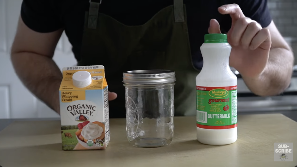 man making creme fraiche at home using heavy cream and buttermilk