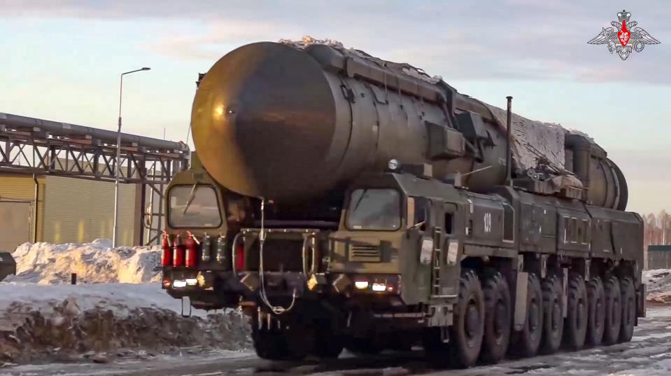 This photo made from video provided by the Russian Defense Ministry Press Service on Wednesday, March 29, 2023, shows a Yars missile launcher of the Russian armed forces being driven in an undisclosed location in Russia. The Russian military on Wednesday launched drills of its strategic missile forces, deploying Yars mobile launchers in Siberia in a show of the country's massive nuclear capability amid the fighting in Ukraine. (Russian Defense Ministry Press Service via AP)