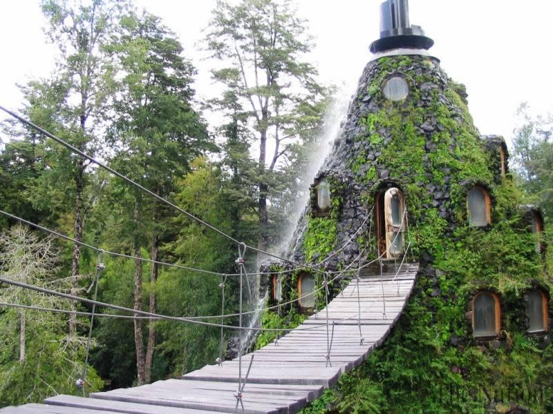In the middle of the Chilean Patagonian rainforest is the Montaña Mágica Lodge hotel, built inside of a man-made volcano