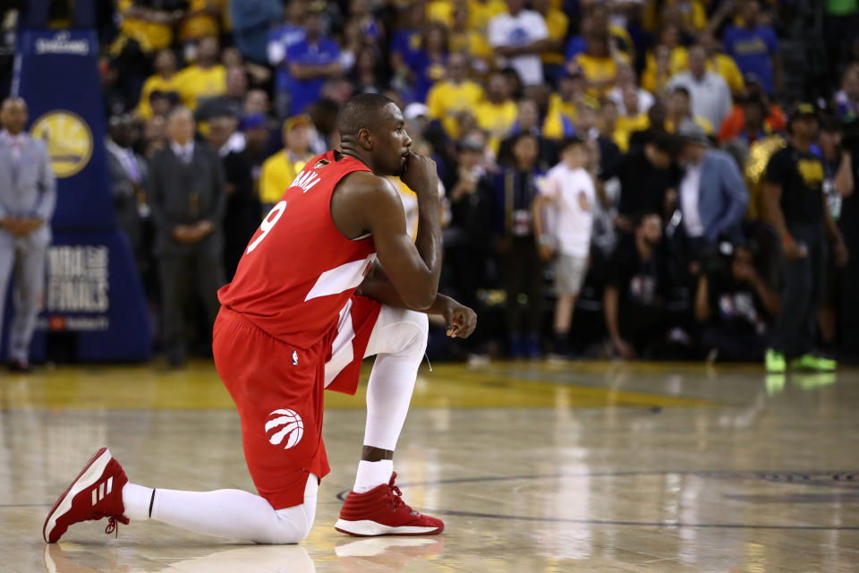 Serge Ibaka #9 of the Toronto Raptors reacts late in the game against the Golden State Warriors during Game Six of the 2019 NBA Finals at ORACLE Arena on June 13, 2019 in Oakland, California. (Photo by Ezra Shaw/Getty Images)