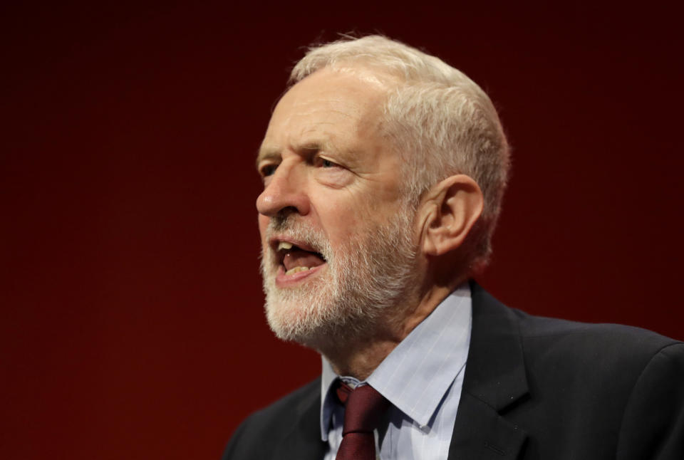 FILE - In this Tuesday, Sept. 24, 2019 file photo, Jeremy Corbyn, leader of Britain's opposition Labour Party gives an impromptu speech during the Labour Party Conference at the Brighton Centre in Brighton, England. Longtime U.K. Labour legislator Louise Ellman said Thursday Oct. 17, 2019, that she is leaving the party after 55 years because of Jeremy Corbyn's failure to confront mounting anti-Semitism in its ranks. (AP Photo/Kirsty Wigglesworth, File)