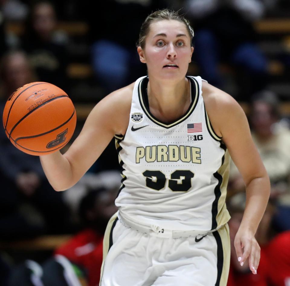 Purdue Boilermakers guard Madison Layden (33) drives to the basket during the NCAA women’s basketball game against the Rutgers Scarlet Knights, Tuesday, Jan. 2, 2024, at Mackey Arena in West Lafayette, Ind. Purdue Boilermakers won 77-76.