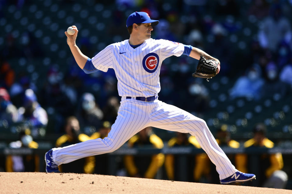 Chicago Cubs starter Kyle Hendricks delivers a pitch during the first inning of a baseball game against the Pittsburgh Pirates Thursday, April 1, 2021, on opening day at Wrigley Field in Chicago. (AP Photo/Paul Beaty)