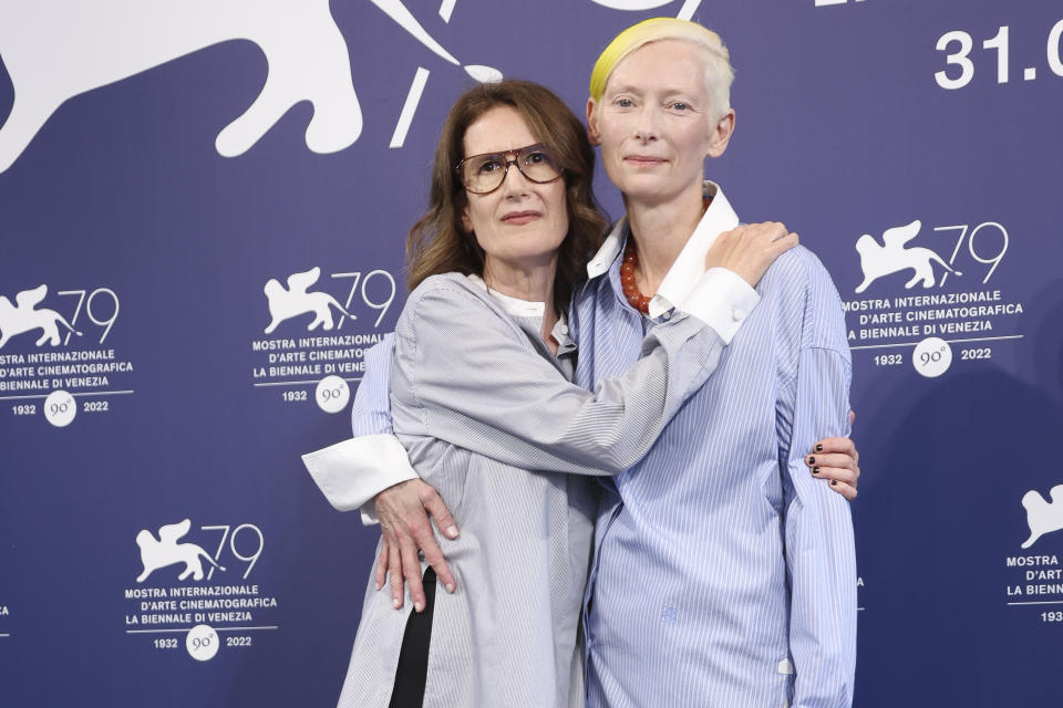 Director Joanna Hogg, left, and Tilda Swinton pose for photographers at the photo call for the film 'The Eternal Daughter' during the 79th edition of the Venice Film Festival in Venice, Italy, Tuesday, Sept. 6, 2022. (Photo by Joel C Ryan/Invision/AP)