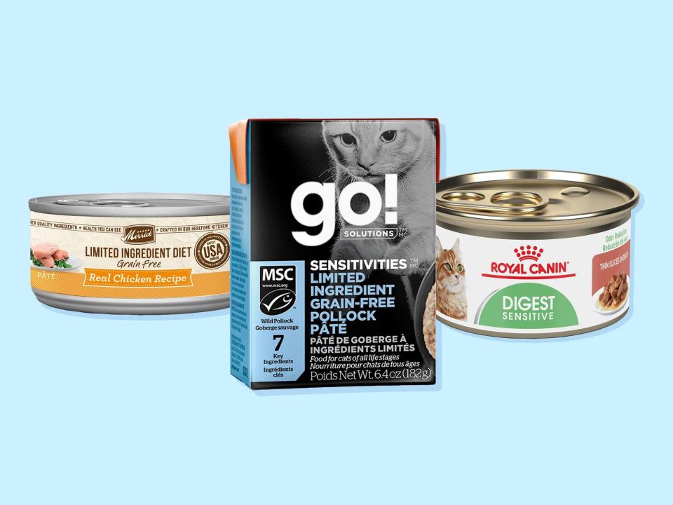 Merrick Limited Ingredient Diet, GO! SOLUTIONS Sensitivities, and Royal Canin Digest Sensitive cat foods are all shown together in front of a light blue background.