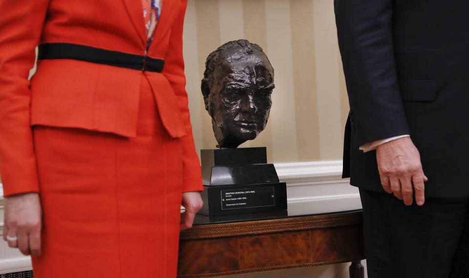 Image: A bust of Winston Churchill sits between President Donald Trump and British Prime Minister Theresa May in the Oval Office of the White House. (Pablo Martinez Monsivais / AP file)