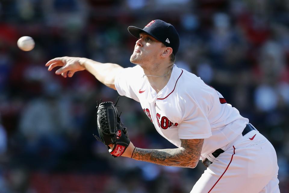 Boston Red Sox's Tanner Houck pitches during the first inning of a baseball game against the Cleveland Indians, Saturday, Sept. 4, 2021, in Boston. (AP Photo/Michael Dwyer)