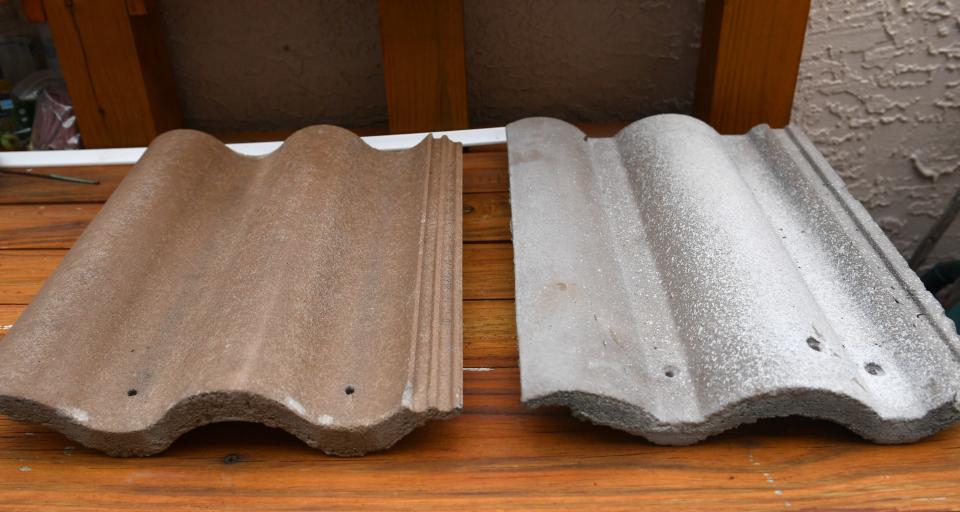 Two roof tiles from Joseph McCarthy's Serenoa Lakes home. One tile is an old tile, similar to the ones he had replaced, and one is a new tile. McCarthy is only partially joking when he asks which one is worth $62,000 more. The new tile is on the right. McCarthy is challenging the Sarasota County Property Appraiser's determination that his roof replacement was a capital replacement, thus allowing the property appraiser to adjust the taxable value of his home more than the 3% cap allowed under Save Our Homes. McCarthy made no other changes or improvements to his home.