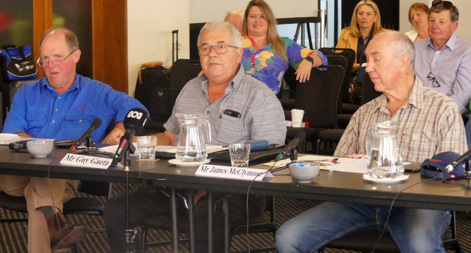 Farmers Ian Pearce, Guy Gaeta and James McClymont at a Senate hearing on supermarket prices in Orange, mid-west New South Wales. (Source: AAP)