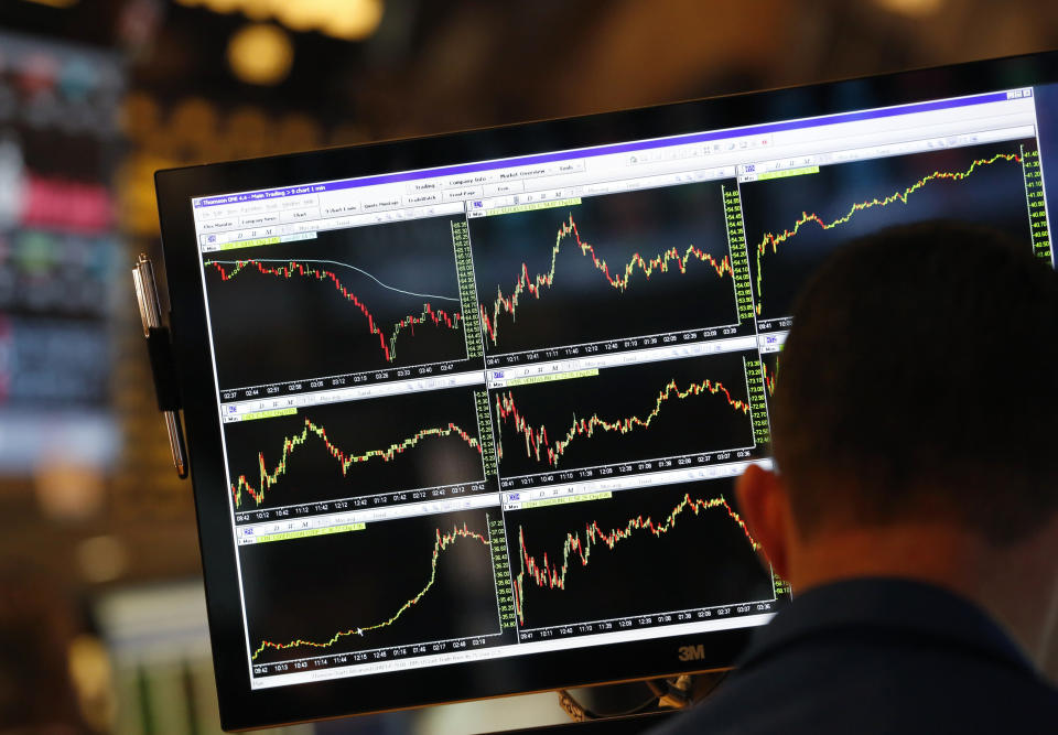 A screen displays stock charts while a trader works at his post on the floor at the New York Stock Exchange, May 30, 2013.  REUTERS/Brendan McDermid (UNITED STATES - Tags: BUSINESS)