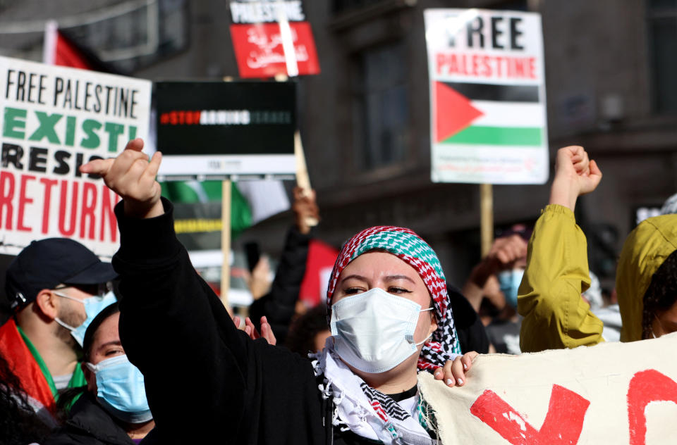 Demonstrators protest in solidarity with Palestinians, amid the ongoing conflict between Israel and the Palestinian Islamist group Hamas, in London, Britain, October 14, 2023. REUTERS/Susannah Ireland