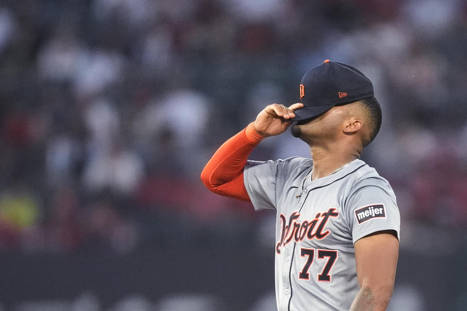 Detroit Tigers second baseman Andy Ibanez pauses during the sixth inning of the team's baseball game against the Los Angeles Angels, Friday, June 28, 2024, in Anaheim, Calif. (AP Photo/Ryan Sun)