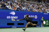 Serena Williams, of the United States, returns a shot to Anett Kontaveit, of Estonia, during the second round of the U.S. Open tennis championships, Wednesday, Aug. 31, 2022, in New York. (AP Photo/Seth Wenig)