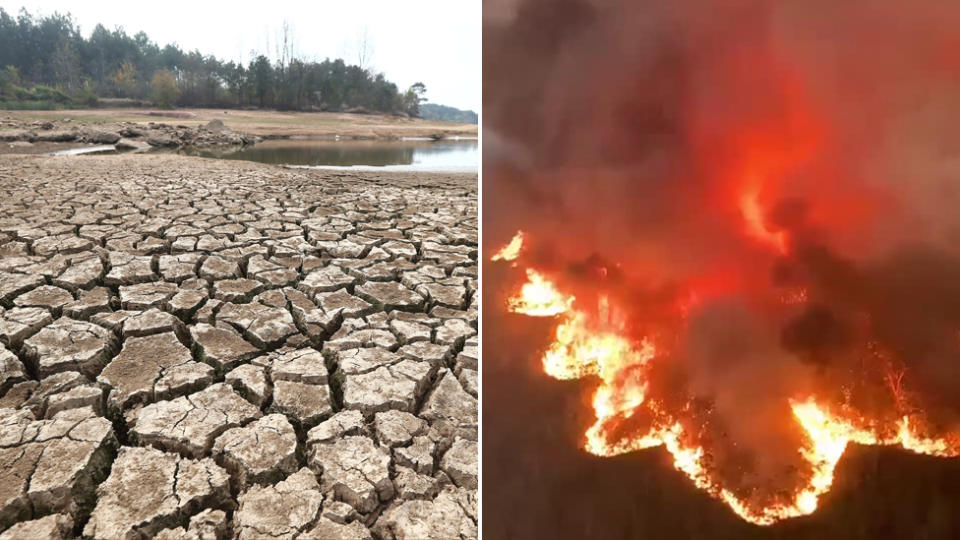 On the left is a photo showing a dried-up body of water and the right is a bushfire burning.