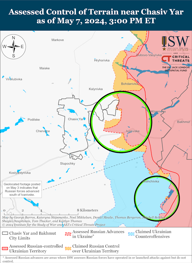 ISW map showing Russian territorial gains around the city of Chasiv Yar.