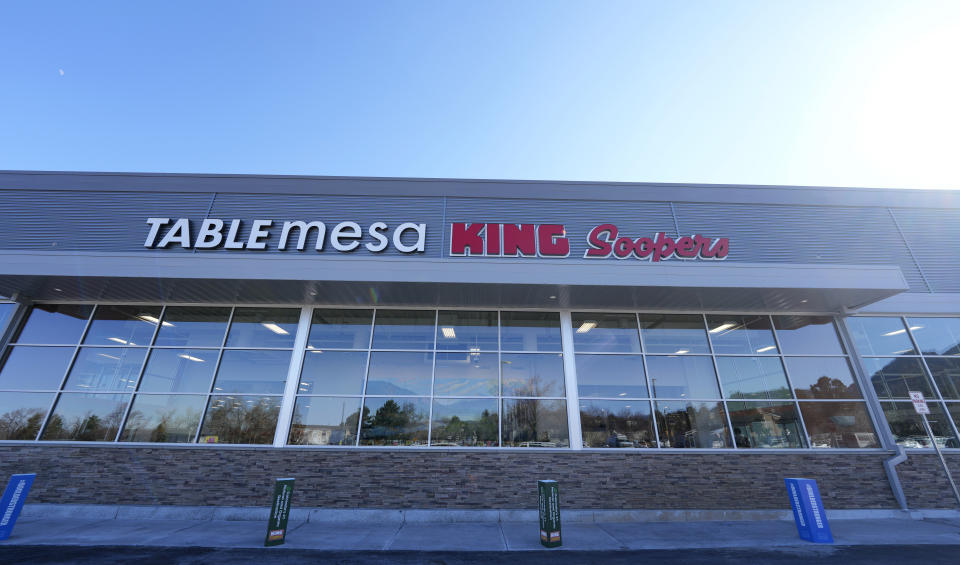 The new exterior of the Table Mesa King Soopers is shown during a media tour Tuesday, Feb. 8, 2022, in Boulder, Colo. Ten people were killed inside and outside the store when a gunman opened fire on March 22, 2021. The store reopens with new renovations on Wednesday, Feb. 9. (AP Photo/David Zalubowski)